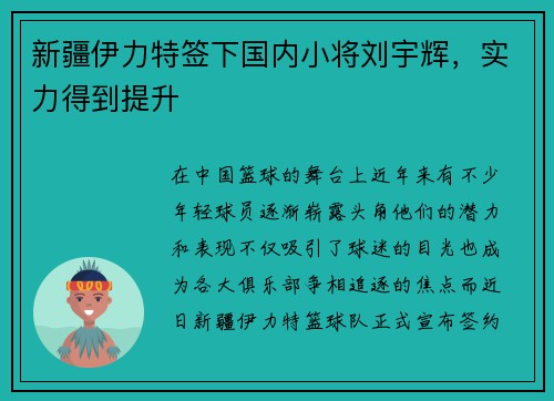 新疆伊力特签下国内小将刘宇辉，实力得到提升