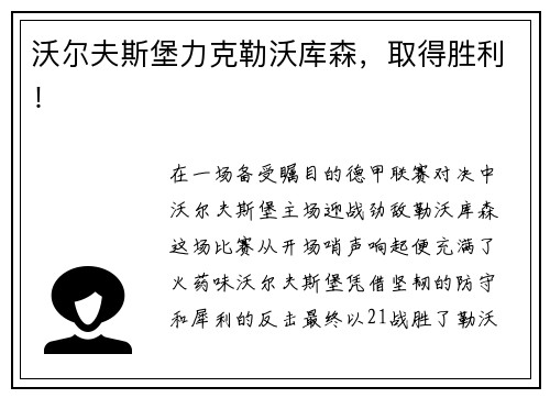 沃尔夫斯堡力克勒沃库森，取得胜利！